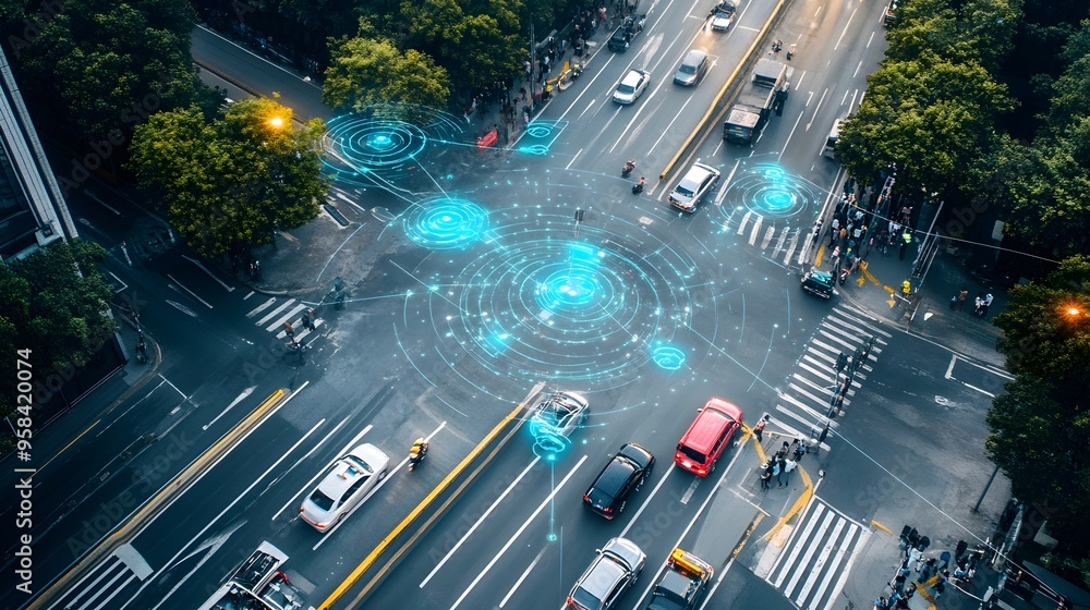 Poster automated traffic management system controlling busy intersection with digital simulation