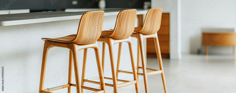 Poster elegant bamboo barstools with curved lines arranged neatly at modern kitchen island, creating warm a