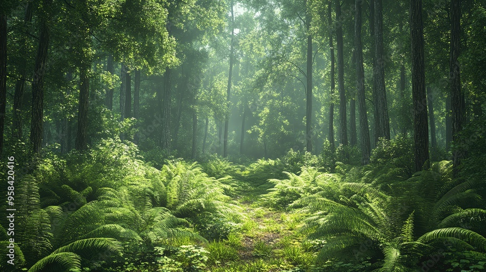 Poster lush green forest scene with sunlight filtering through trees, creating a serene and peaceful atmosp