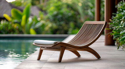 Elegant bamboo lounge chair with curved lines by poolside, surrounded by lush greenery.