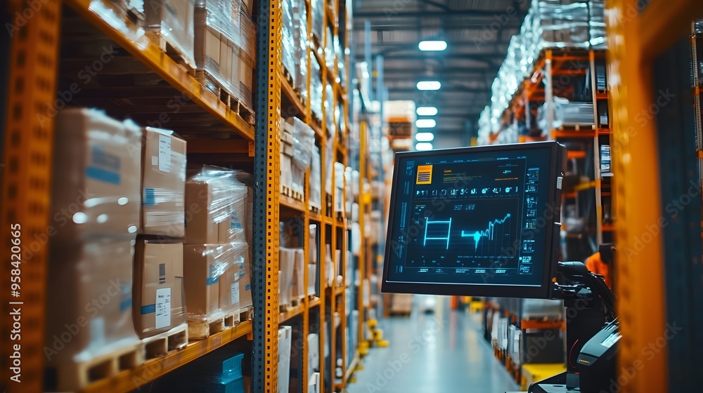 Poster automated warehouse inventory management with robotics and digital optimization