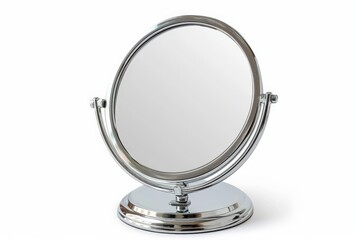 Fototapeta premium Makeup Mirror. Silver Mirror Decoration on White Table with Turntable Lighting