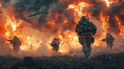 Obraz premium Flames and smoke explode around soldiers as they sprint through a fiery battlefield.