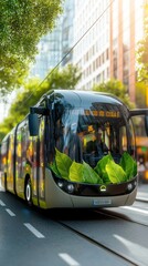 Obraz premium Concept of sustainable transportation: electric bus in a city center with green technology banners, realistic photograph,