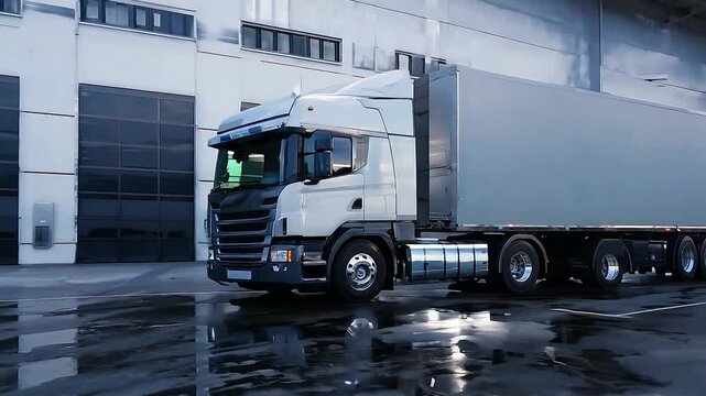 Front of the large white truck loading in the modern distribution hub	