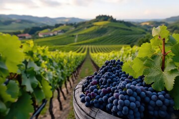 Purple grapes rest on a wooden barrel in the foreground, displaying a beautiful vineyard stretching...