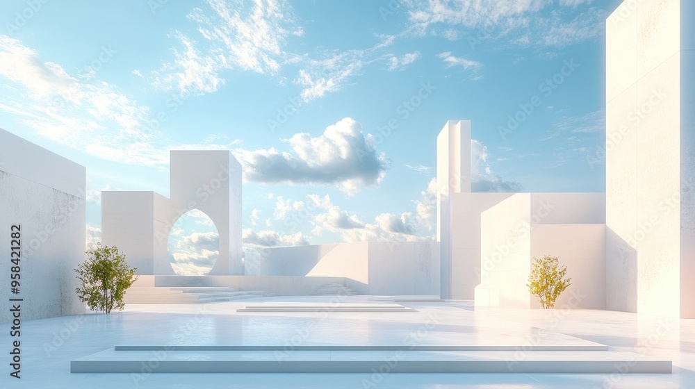 Poster Surreal 3D rendering of a minimalist architectural background featuring geometric shapes abstract design elements a panoramic view and a futuristic scene with ample copy space set against a blue s