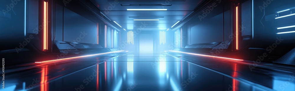 Poster futuristic sci fi room with neon lasers featuring a reflective water surface in a cybernetic undergr