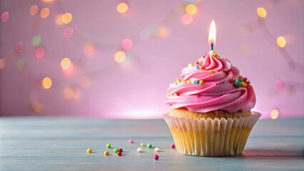 Pink frosted cupcake with colorful sprinkles and a lit candle for birthday celebration, cupcake, pink, frosted, colorful
