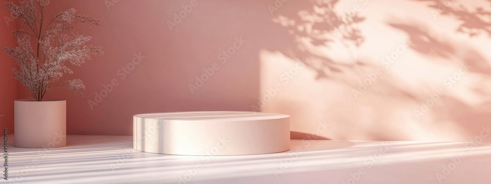 Poster Taupe two cylinder podium on the floor Abstract platforms designed for product display featuring a mock up pastel background color 3D rendered studio with geometric shapes