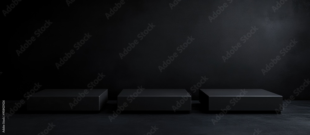 Poster dark black 3d background featuring three square podiums on the floor platforms for product display i