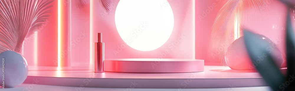 Aufkleber Abstract surreal 3D scene featuring an empty stage with a cylindrical podium against a holographic pastel pink background Pedestal designed for showcasing cosmetic and beauty product mockups