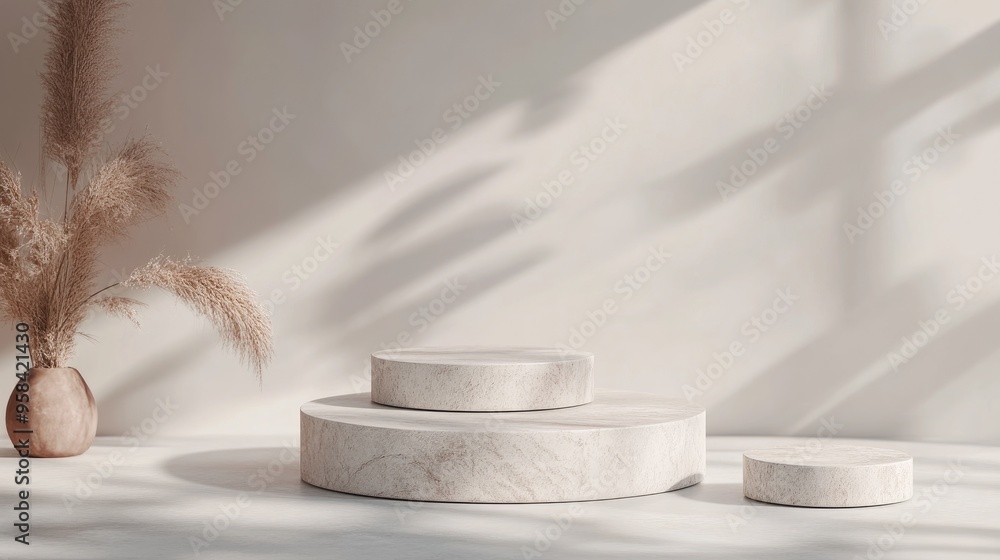 Poster stone display podium on a soft boho background 3d rendering for packaging presentation and cosmetic 