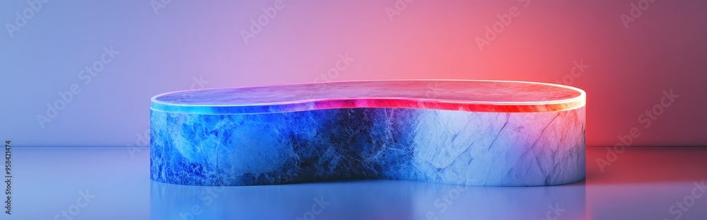 Poster terrazzo marble display stand featuring a curved glass element for showcasing products elegant pedes