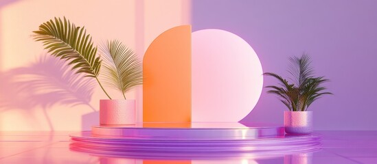 Obraz premium Peach Fuzz is the trend color for 2024 featuring an abstract podium with a door sunshade and tropical plant pot The stage display on a glass pedestal is set against a purple background showcasing a