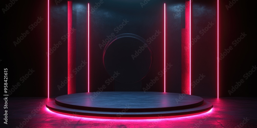 Aufkleber Illuminated stage and podium for product launch 3D render with vacant platform and ample space for text