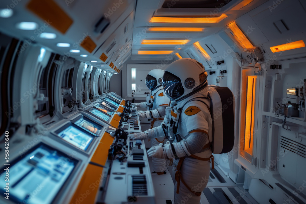 Poster two astronauts wearing spacesuits working on a control panel inside of a spaceship during a mission 