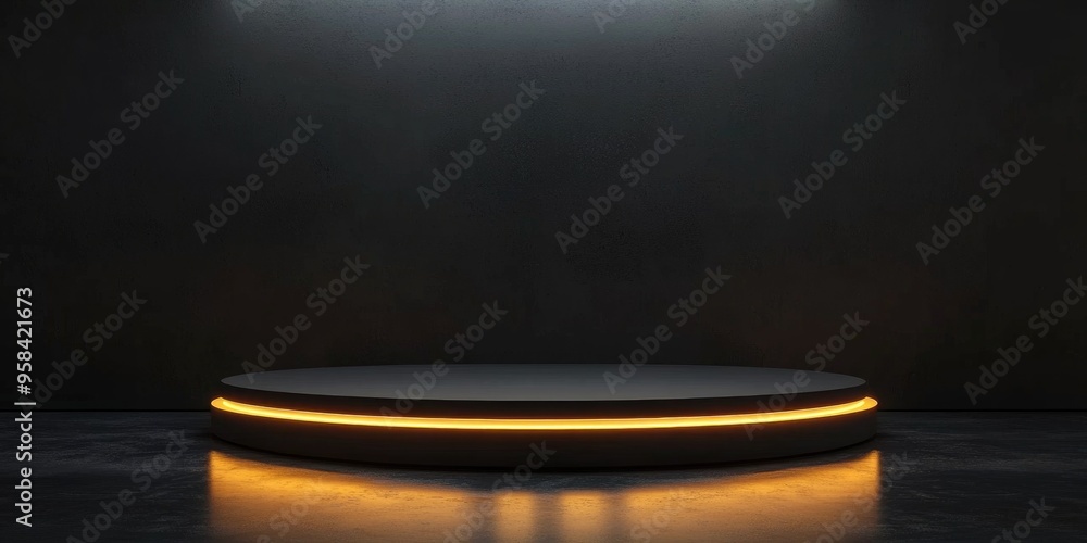 Aufkleber Illuminated stage and podium for product launch 3D render with vacant platform and ample space for text