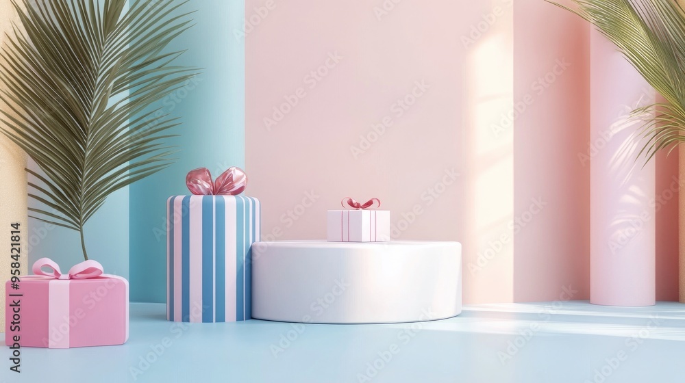 Aufkleber Abstract background featuring a podium setup ideal for product presentation complemented by a gift box design 3D rendering
