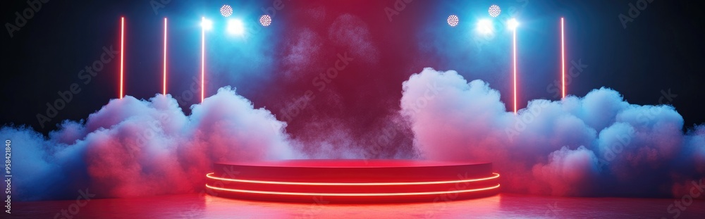 Poster podium adorned with fairy lights and clouds on a red backdrop 3d rendering