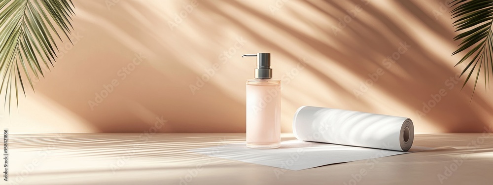 Aufkleber Summer product presentation mockup featuring a white paper roll and a cosmetic bottle cast with palm leaf shadows Clipping paths for each element are included 3D rendered illustration