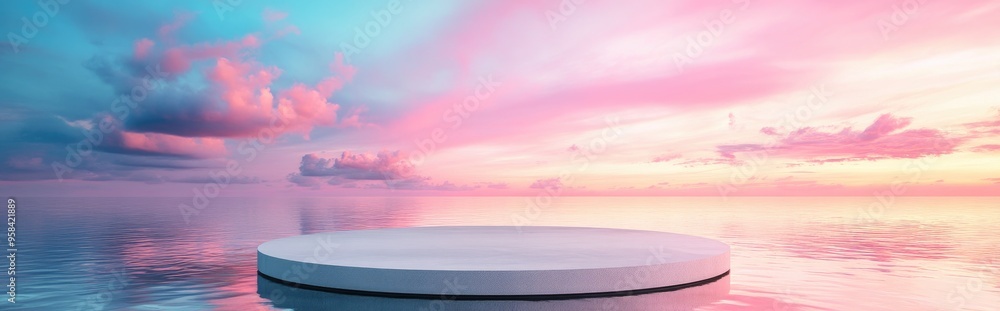 Poster water podium with colorful sky backdrop for advertising display 3d rendering