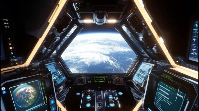 Inside a spaceship with a 3D view of space and planet ear