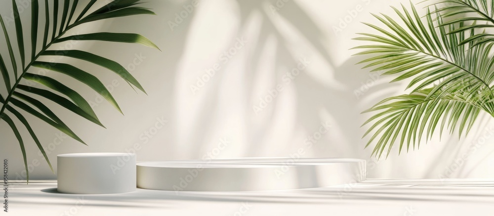 Poster Sophisticated summer abstract white podiums illuminated by sunlight casting shadows accompanied by a green palm leaf on a white background suitable for product showcases square format
