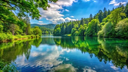 Fototapeta premium A scenic view of a serene lake surrounded by lush green forests, scenic, view, lake, serene, nature, landscape, tranquil, forests