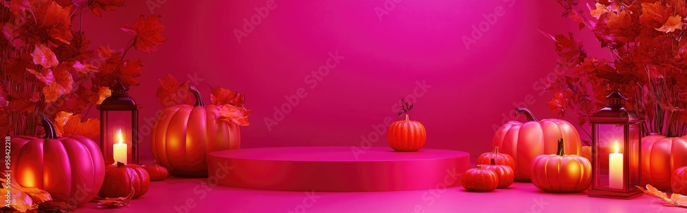 Poster vibrant magenta and neon pink 3d illustration featuring an autumn themed product display podium back