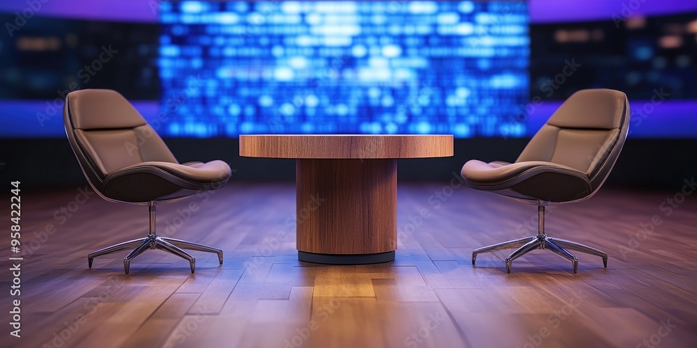 Poster Wooden table and chairs on a stand with an LED screen backdrop in a news studio 3D rendering