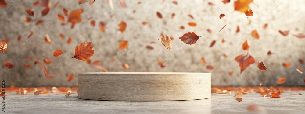 Aufkleber empty wooden display stand on terrazzo with 3d rendering and falling leaves high quality image