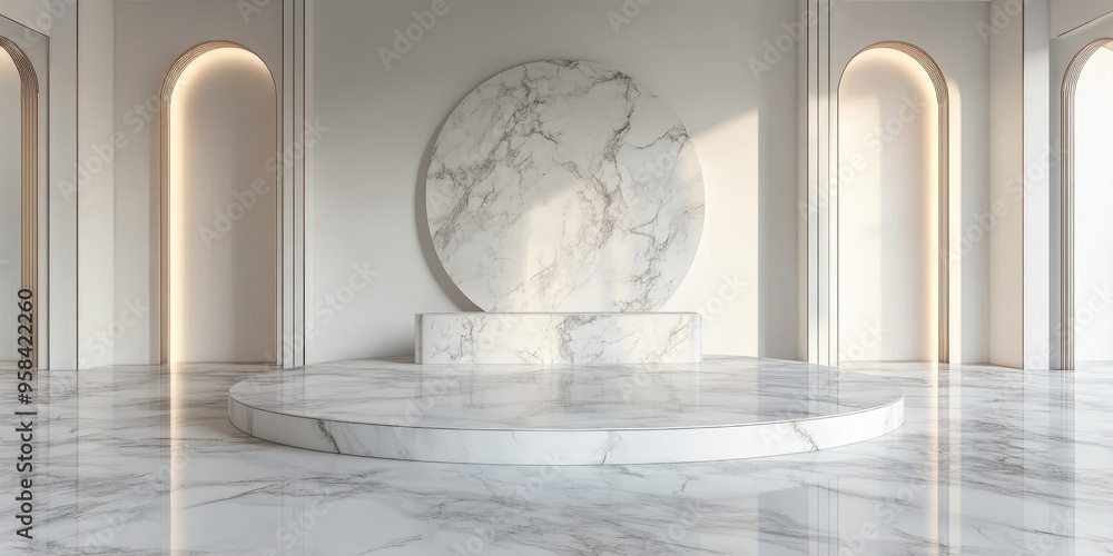 Poster Abstract mockup of an elegant marble floor in an empty dressing room or spa room designed for product display featuring 3D rendering illustration
