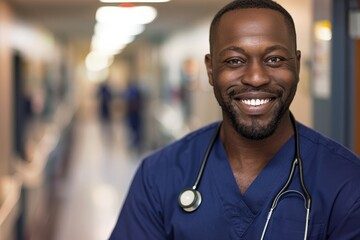 Fototapeta premium Male Nurses Portrait at Hospital: Smiling African American Man in Corridor