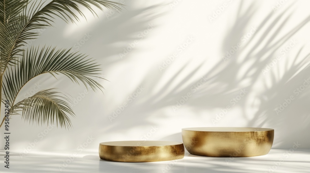 Poster Gold cylinder plant shadows on the wall and podium set against a white background Product display area with a circular platform for showcasing items 3D rendering