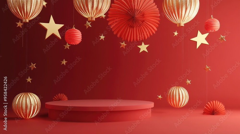 Aufkleber red background featuring a pedestal and round stage designed for product presentations celebration t