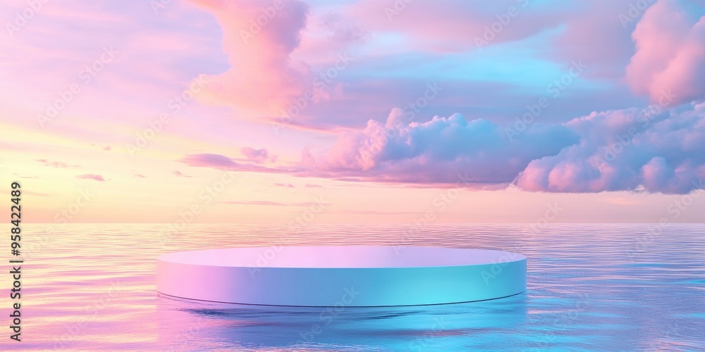 Aufkleber Podium floating on water with a colorful background for advertising display 3D rendering