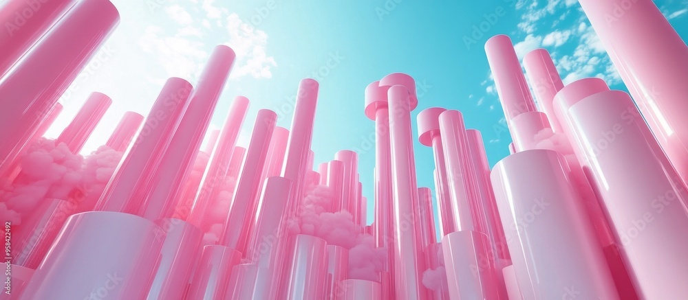 Poster abstract background featuring pink cylinders set against a sky blue backdrop high quality 3d renderi