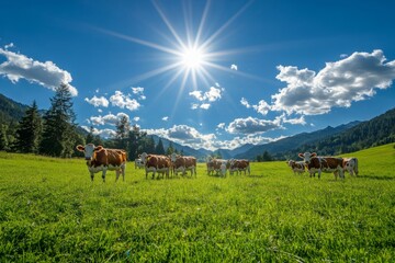 Obraz premium Cows are peacefully Grazing Under a Bright and Clear Blue Sky in a Serene Pasture Scene