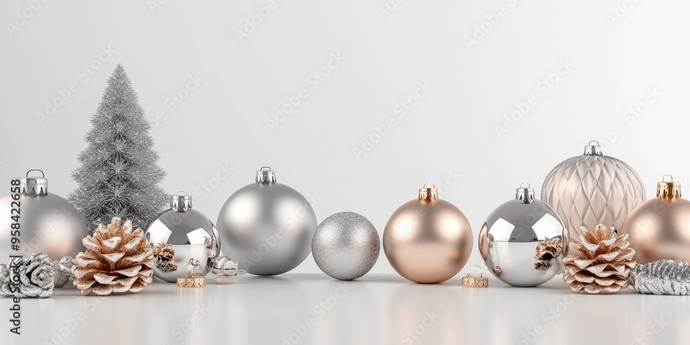 Poster rose gold and silver christmas ball ornaments alongside decorative objects arranged on a podium disp