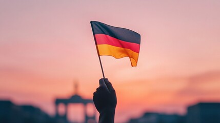 Hand holding a German flag against a sunset backdrop, symbolizing pride and unity.