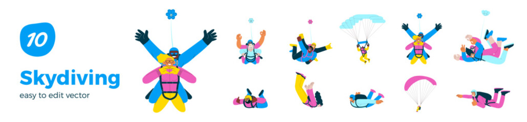 Skydiving collection. Cheerful flying females and males, solo skydiving jump, tandem skydiving jump, parachutes. Extreme sport activities. Modern flat vector illustration.