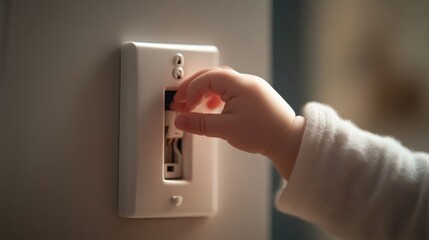 Close-up of a child's hand reaching towards an electrical plug, highlighting the danger of electric shock and parental concern.