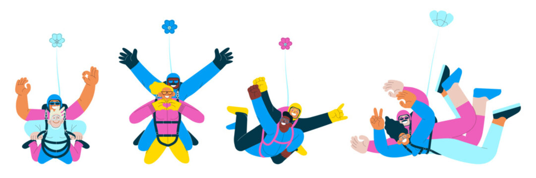 Skydiving collection. Cheerful flying females and males, tandem skydiving jump. Extreme sport activities. Modern flat vector illustration.