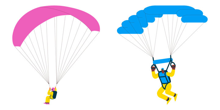Skydiving collection. Cheerful flying females and males, solo skydiving jump, parachutes. Extreme sport activities. Modern flat vector illustration.