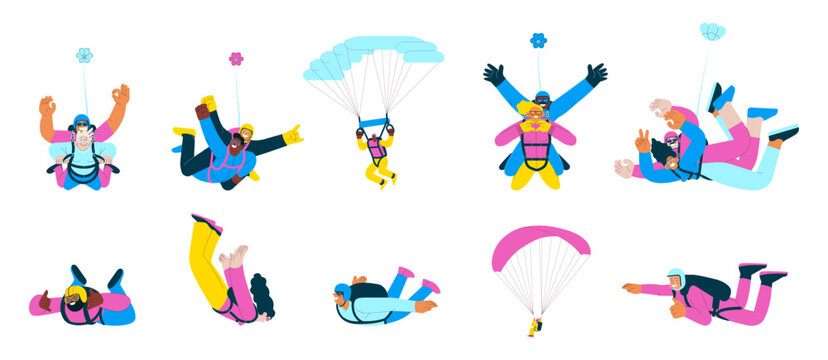 Skydiving collection. Cheerful flying females and males, solo skydiving jump, tandem skydiving jump, parachutes. Extreme sport activities. Modern flat vector illustration.