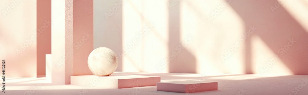 Poster Minimalist abstract composition featuring geometric shapes on a soft pink cream background 3D rendering