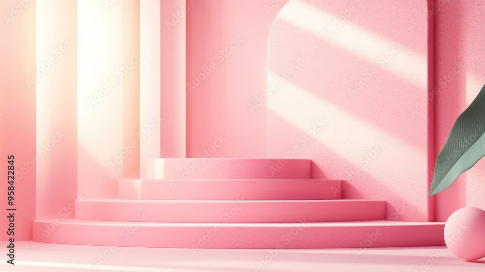 Poster minimalist 3d pink podium steps with a pastel backdrop abstract geometric shapes rendered as an illu