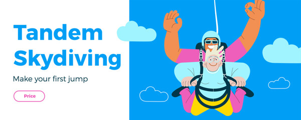 Cheerful flying senior female and male show o'kay sign gesture, perform tandem skydiving jump. Extreme sport activities. Modern flat vector illustration. Tandem skydiving. Landing page, website banner