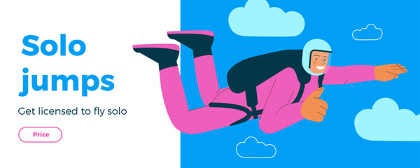 Cheerful flying female show good sign gesture, perform solo skydiving jump. Extreme sport activities. Modern flat vector illustration. Solo jump. Landing page and website banner template.